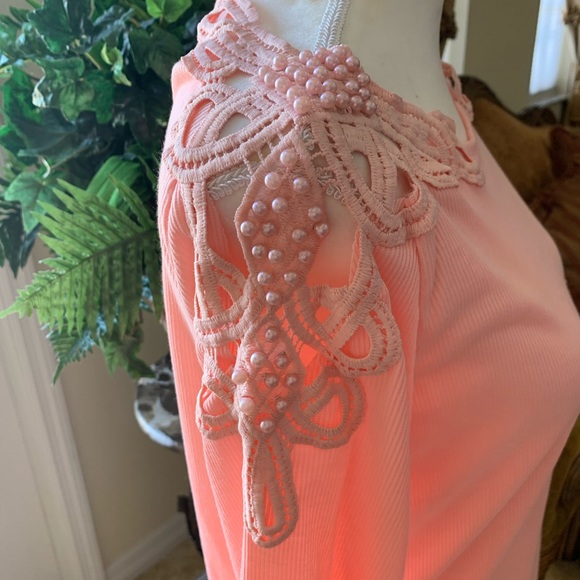 Pink, Long-Sleeve Pearl Beading Ribbed Tee - Picture 3 of 8